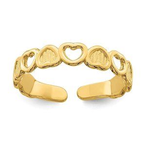14k Yellow Gold Solid Toe Ring with Hearts Adjustable